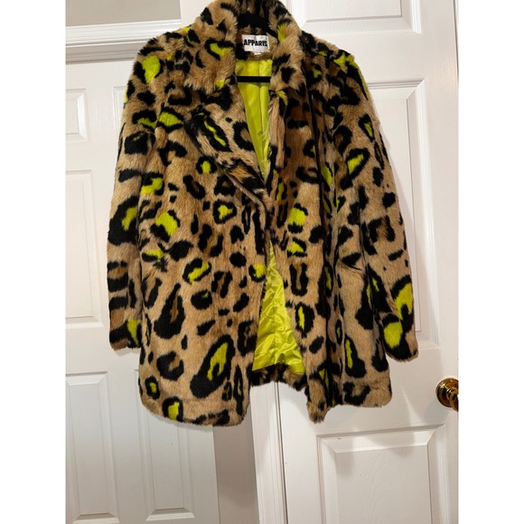 APPARIS Leopard Print Faux Fur Jacket Neon Lime Green Accent Women's Size M - Picture 3 of 8
